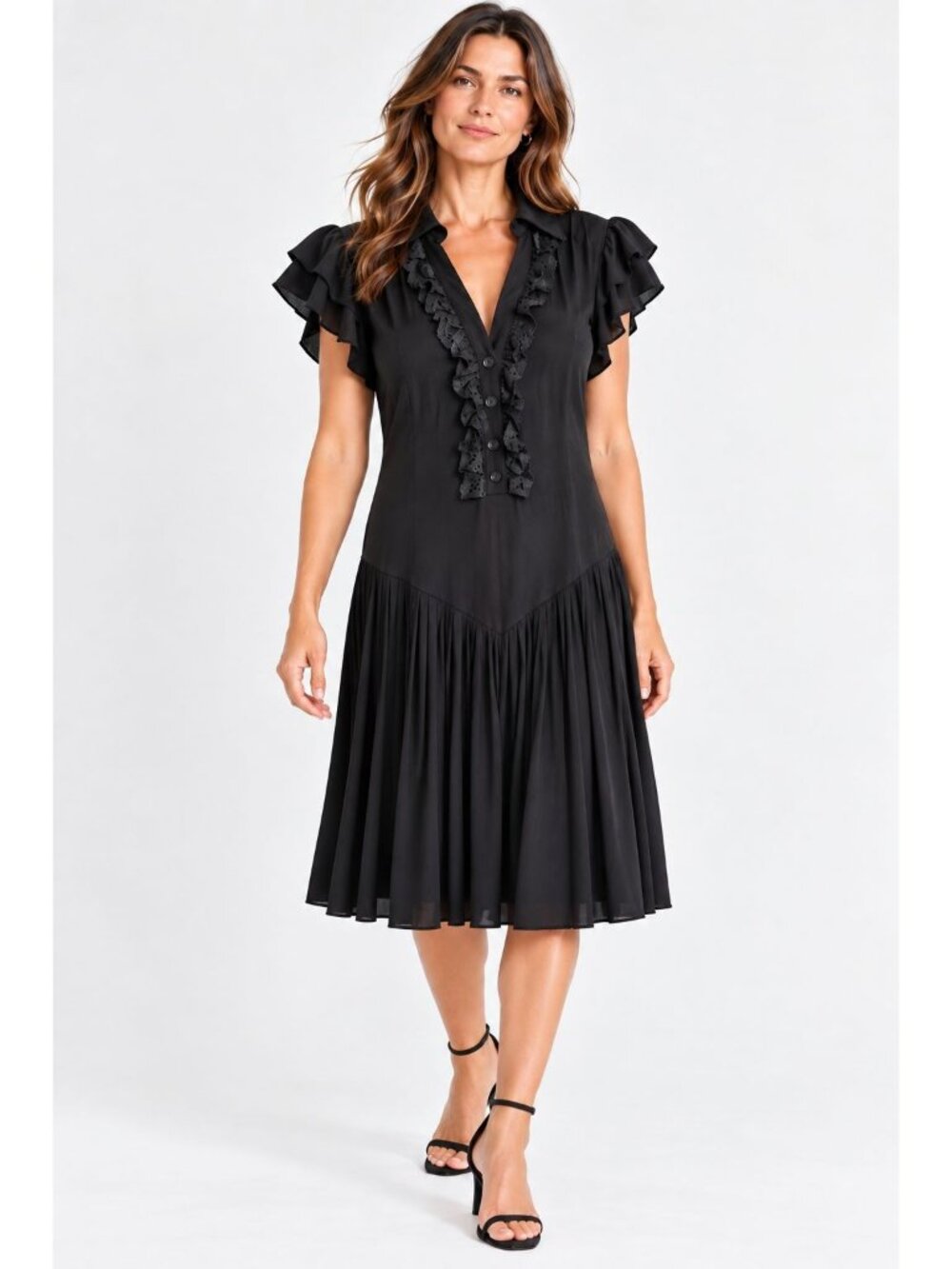 Morgan De Toi Black Drop Waist Dress Ruffled sleeve size Small  Stretchy Y2k 90s